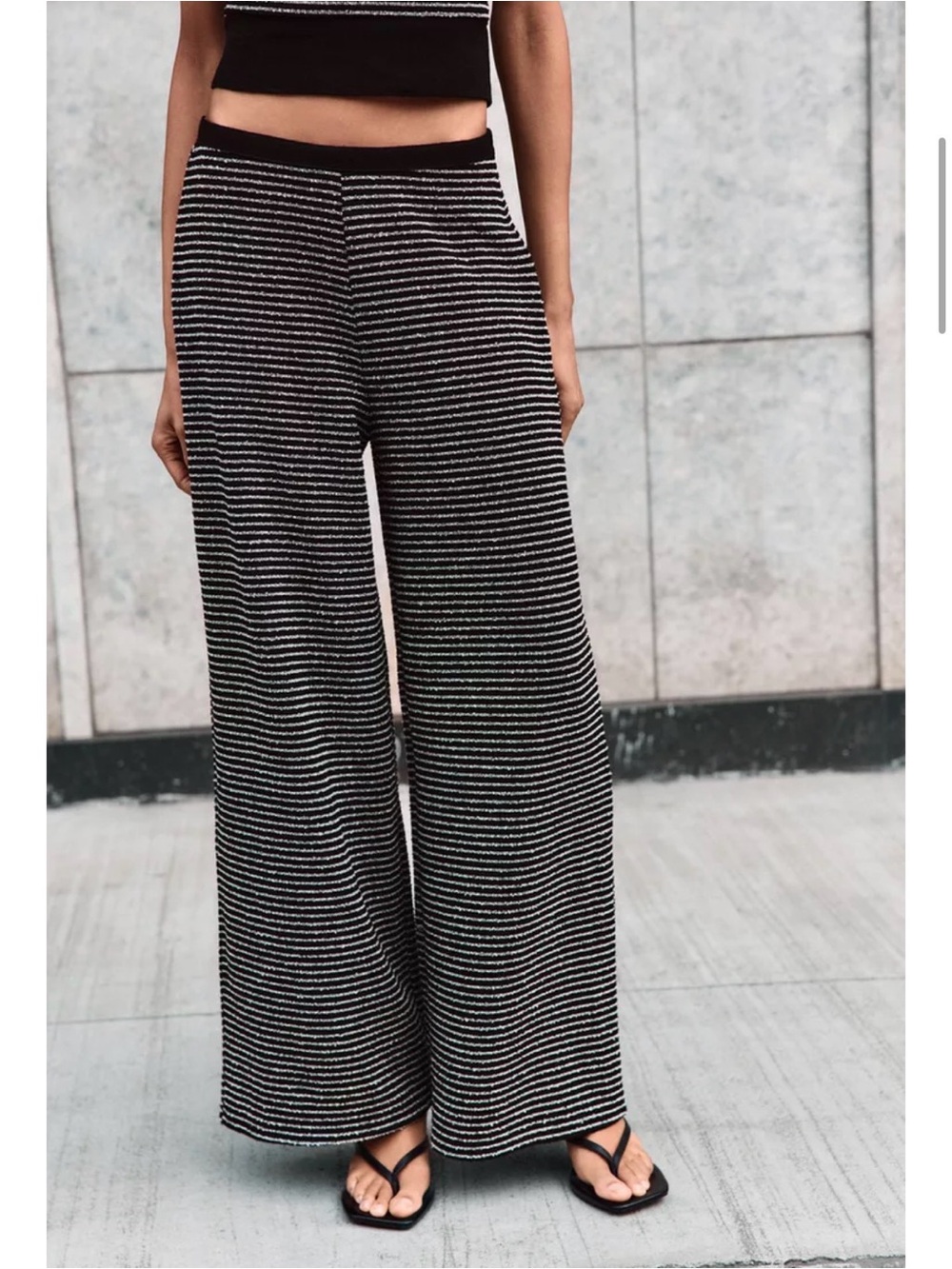 Zara Black and White Striped Wide-Leg Knit Pants